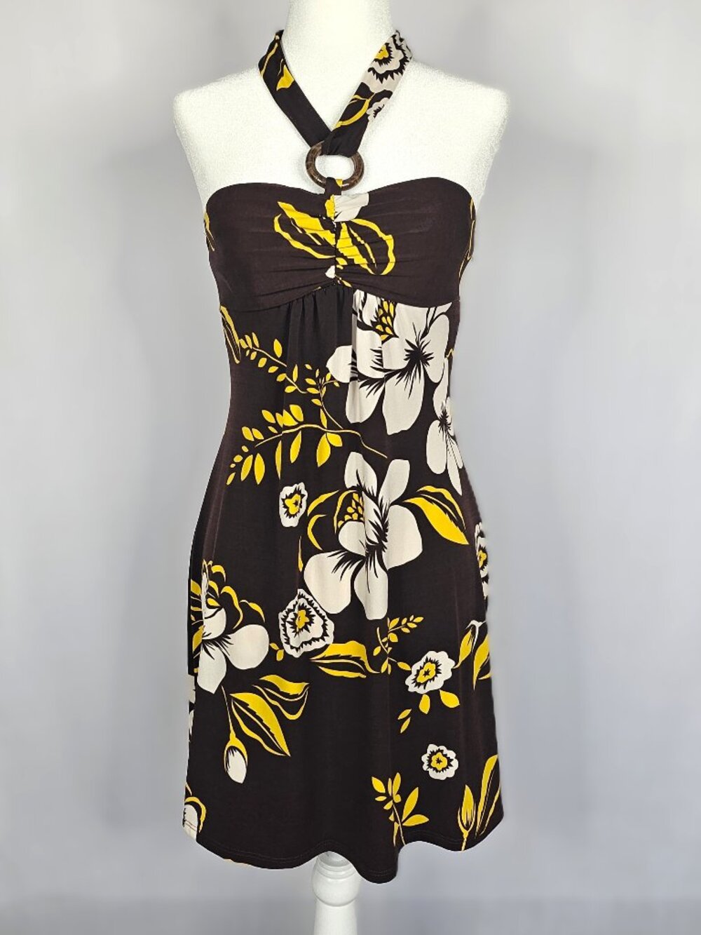 Love Tease | Halter Tropical Floral Sundress | Brown Yellow | Size S